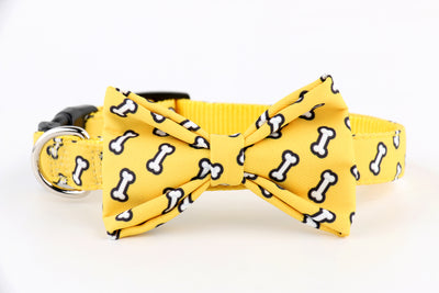 Yellow & Bones Dog Collar with Removable Matching Bow Tie